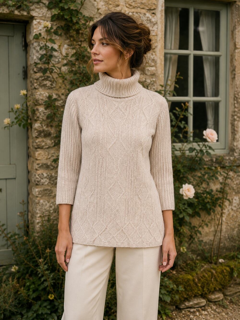 Laura Ashley Sweater S Wool Silk Beige Turtleneck Cable Knit England Vintage